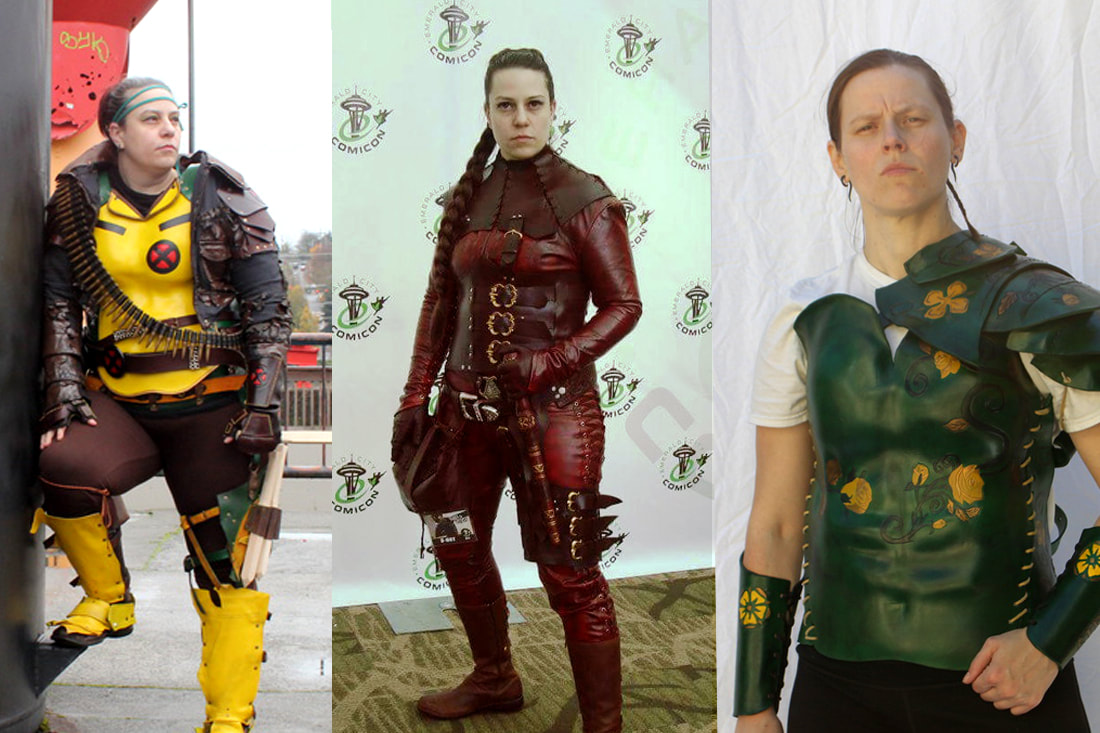 From left to right, Willow as post apocalyptic Rouge from X-Men, Willow as Mord-Sith Mistress Raina from Legend of the Seeker, and Erin dressed as a battle harden Margery Tyrell from Game of Thrones.