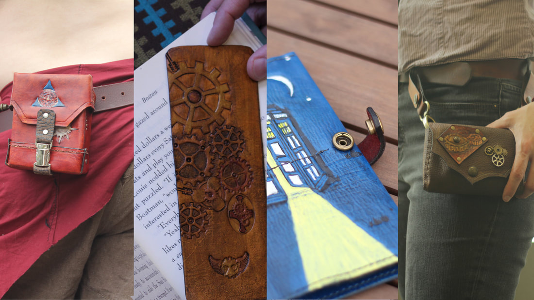A picture of four quality projects from Leatherworks by Willow, Box of Holding with Magic the Gathering symbols, Steampunk bookmark, Tardis Pocketbook Wallet, and Cog Geek Tote Clutch. 