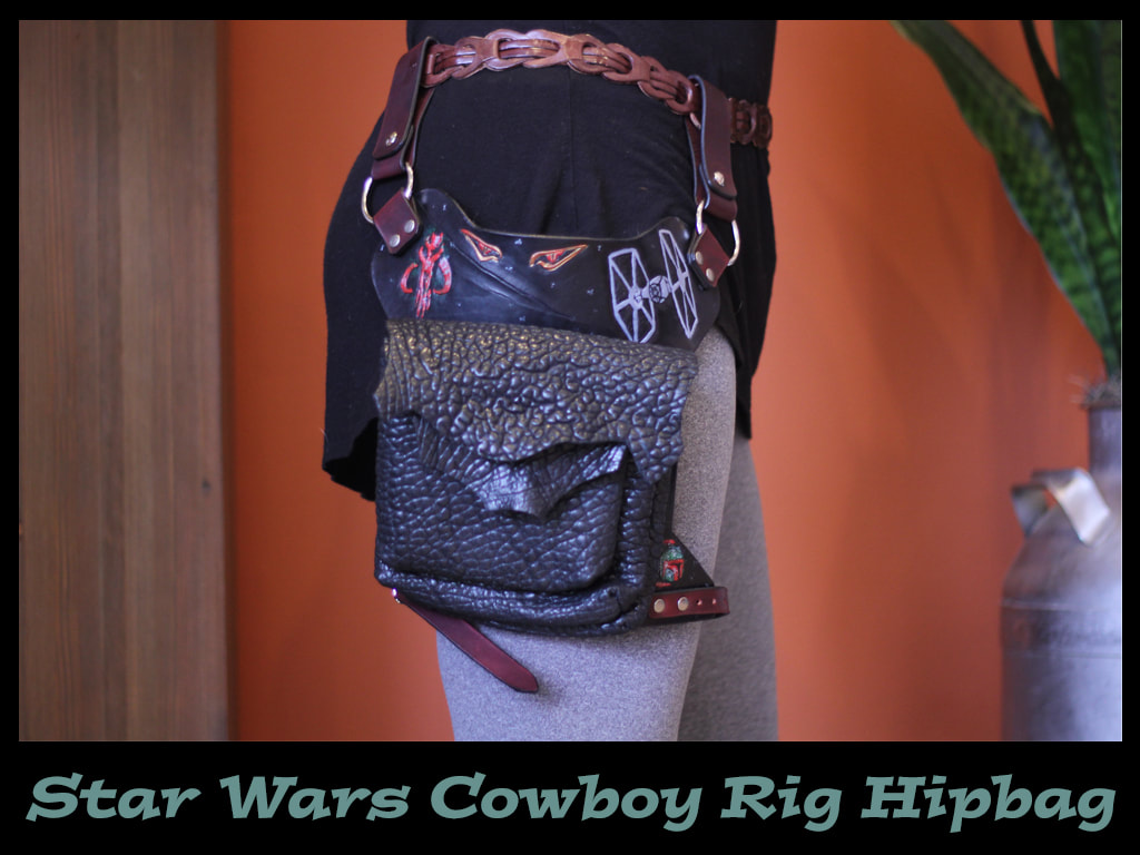 Star Wars inspired cowboy rig hip bag with Mandolirian skull and TIE fighter.